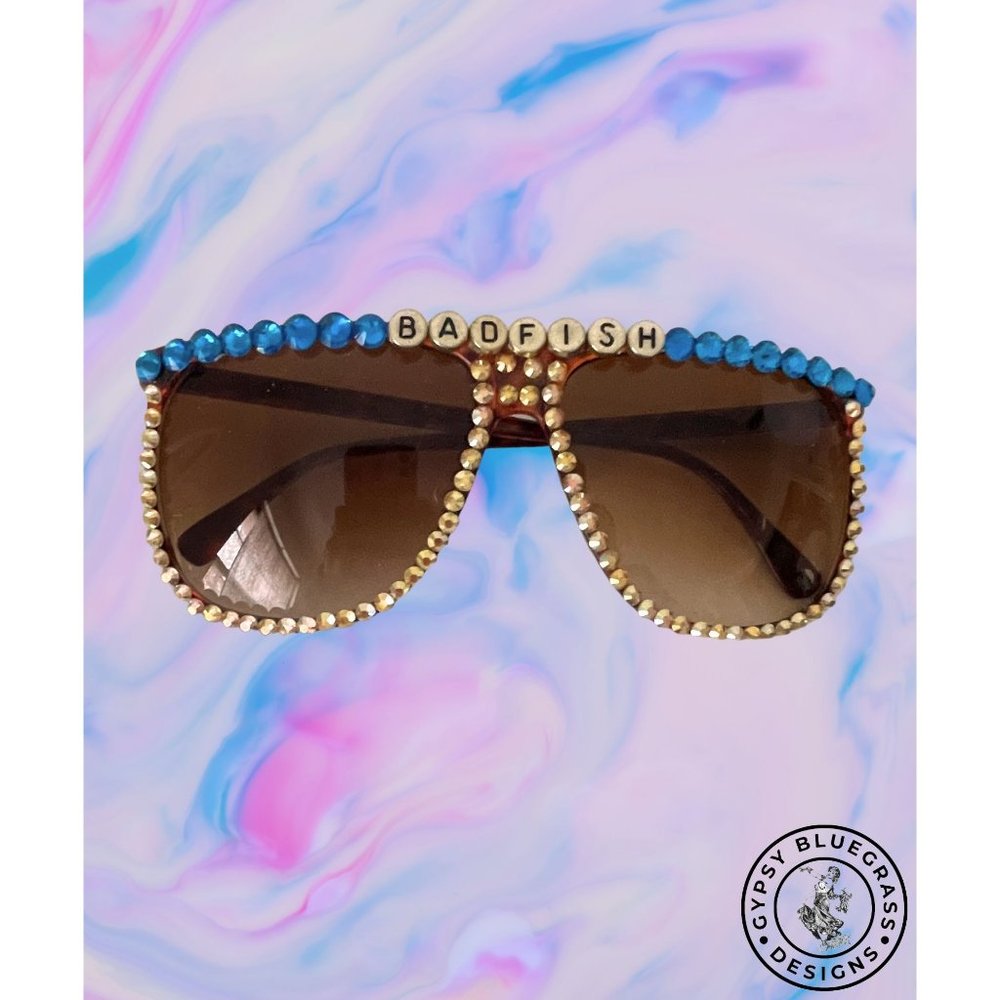 Sublime Badfish Festival Party Bling Blue Gold Retro Rhinestone Sunglasses
